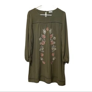 NWT Love, Fire Embroidered Floral Boho Dress Womens L Olive Night